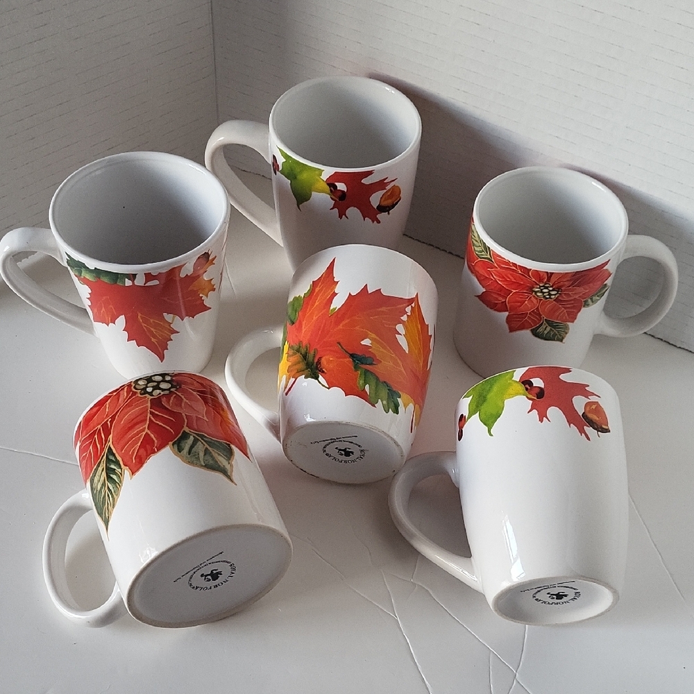 Royal Norfolk Autumn Maple Leaf and Christmas Poinsettia Coffee Mugs Tea Cup